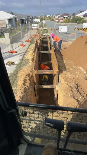 Sewer installation with shoring boxes in Mandurah subdivision