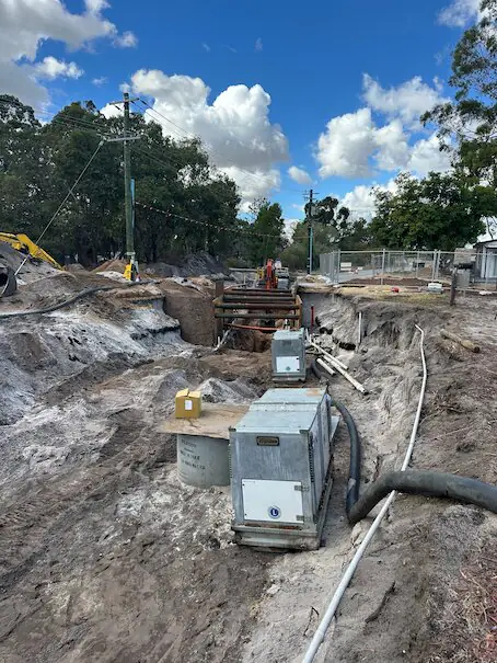 Steel plate trench support during Andrea Drive Stage 2 sewer install
