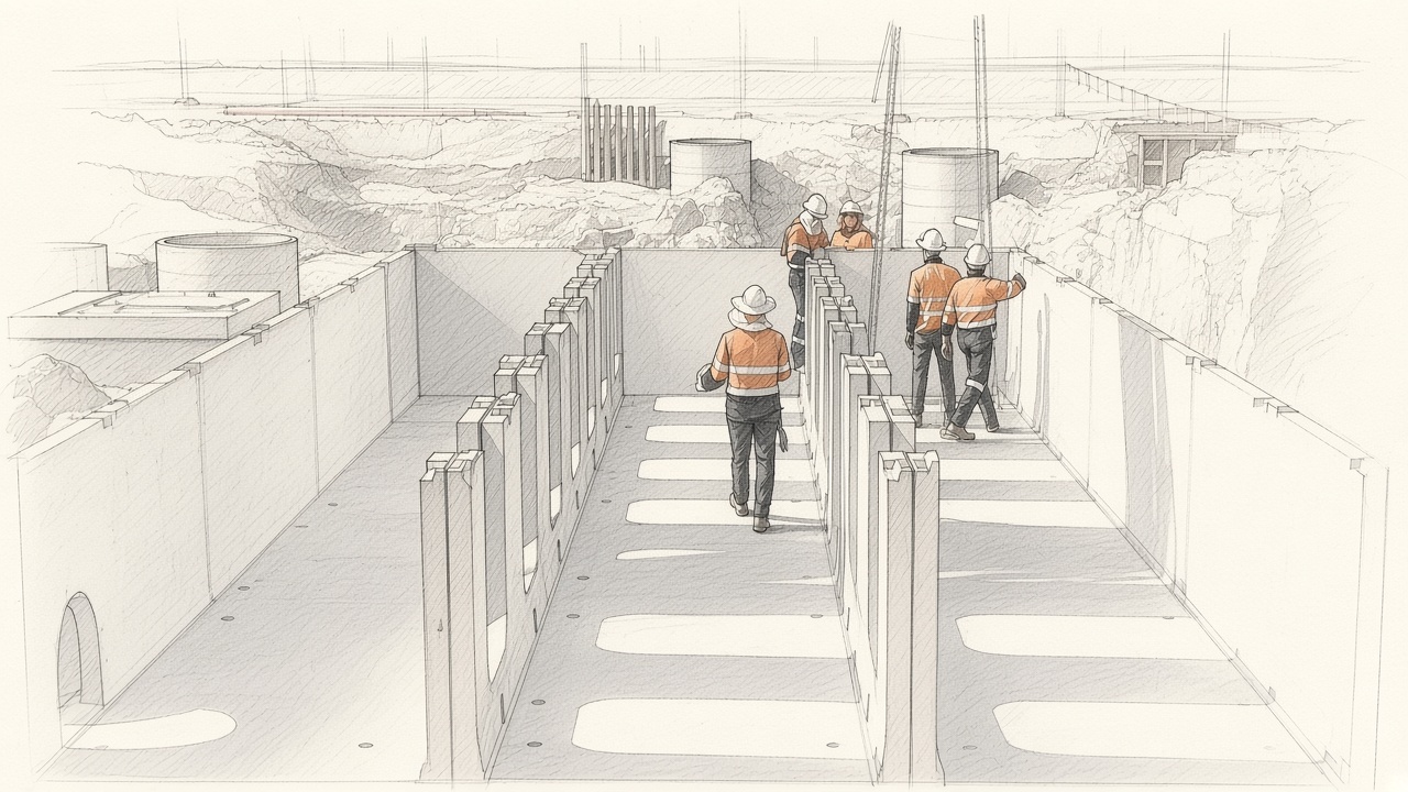 Sketch of a crew walking between concrete drainage channels on a civil site